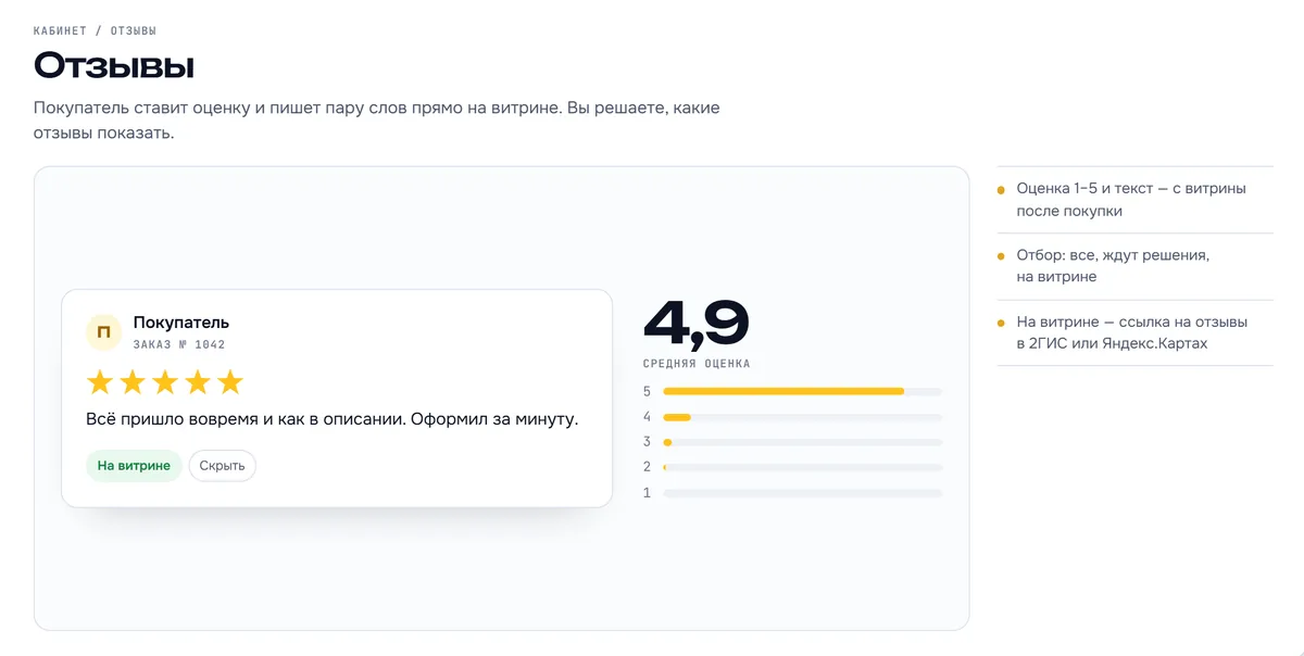 Демо-сцена «Отзывы» с главной tokego: отзыв покупателя с кнопками «На витрине» и «Скрыть», средняя оценка и полосы по звёздам